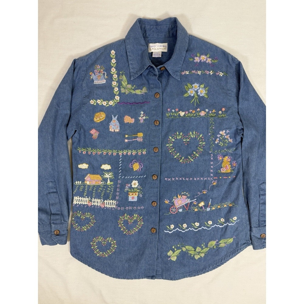 Vintage Women's Embroidered Casey Coleman Garden Denim Button Stain Size S/M Y2K